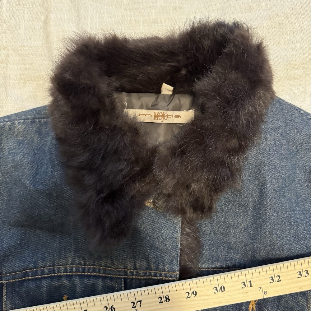 VTG Mojo Moda Women's Denim Coat Rabbit Fur Trim Distressed Med 90s Y2K Mob Wife - Picture 7 of 11